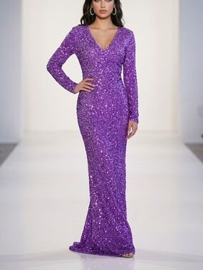 Purple Sequin V-Neck Long Sleeve Evening Gown